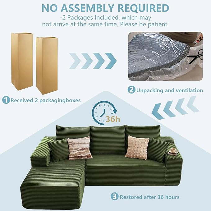 107" W Cloud Sectional Couch with L-Shape Chaise, Modern Corduroy Boneless Couch for Living Room,Memory Foam Sofa with Deep Seat,No Assembly Required (Green,Left-Facing Chaise)