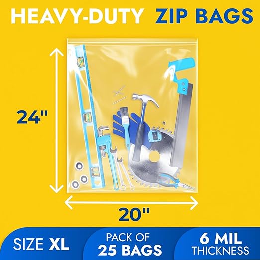 20" x 24" Extra Large Zip Seal Lock Bags, 6 Mil (Pack of 25) – Heavy-Duty Reclosable Plastic Bags – Clear, Resealable, Waterproof – For Storing Clothes, Tools, or Travel Items