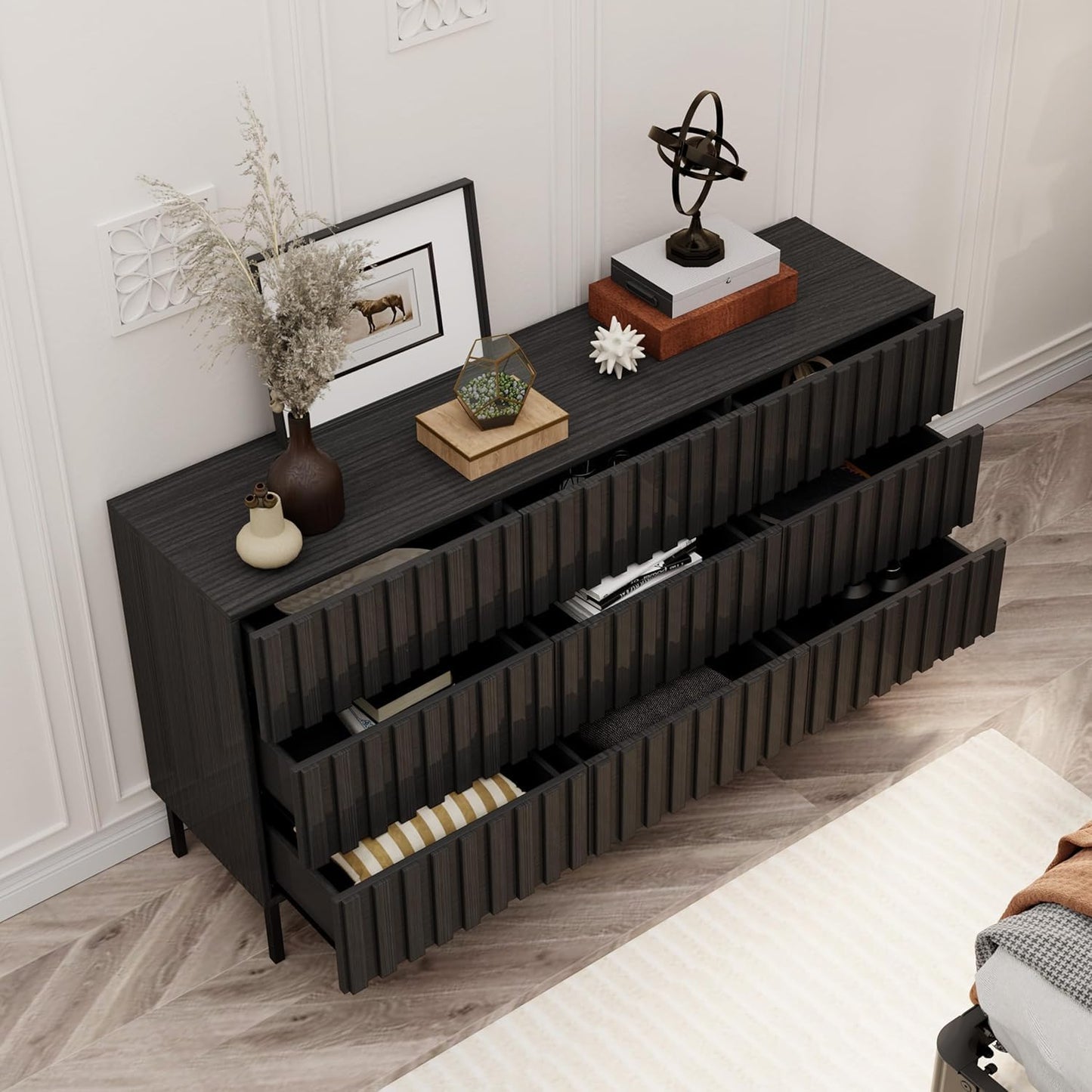 UEV Black Fluted Dresser for Bedroom, 59" Wide Wood 9 Drawer Dresser, Mid Century Modern Storage Organizer, Long Chest of Drawers TV Stand for Bedroom, Hallway