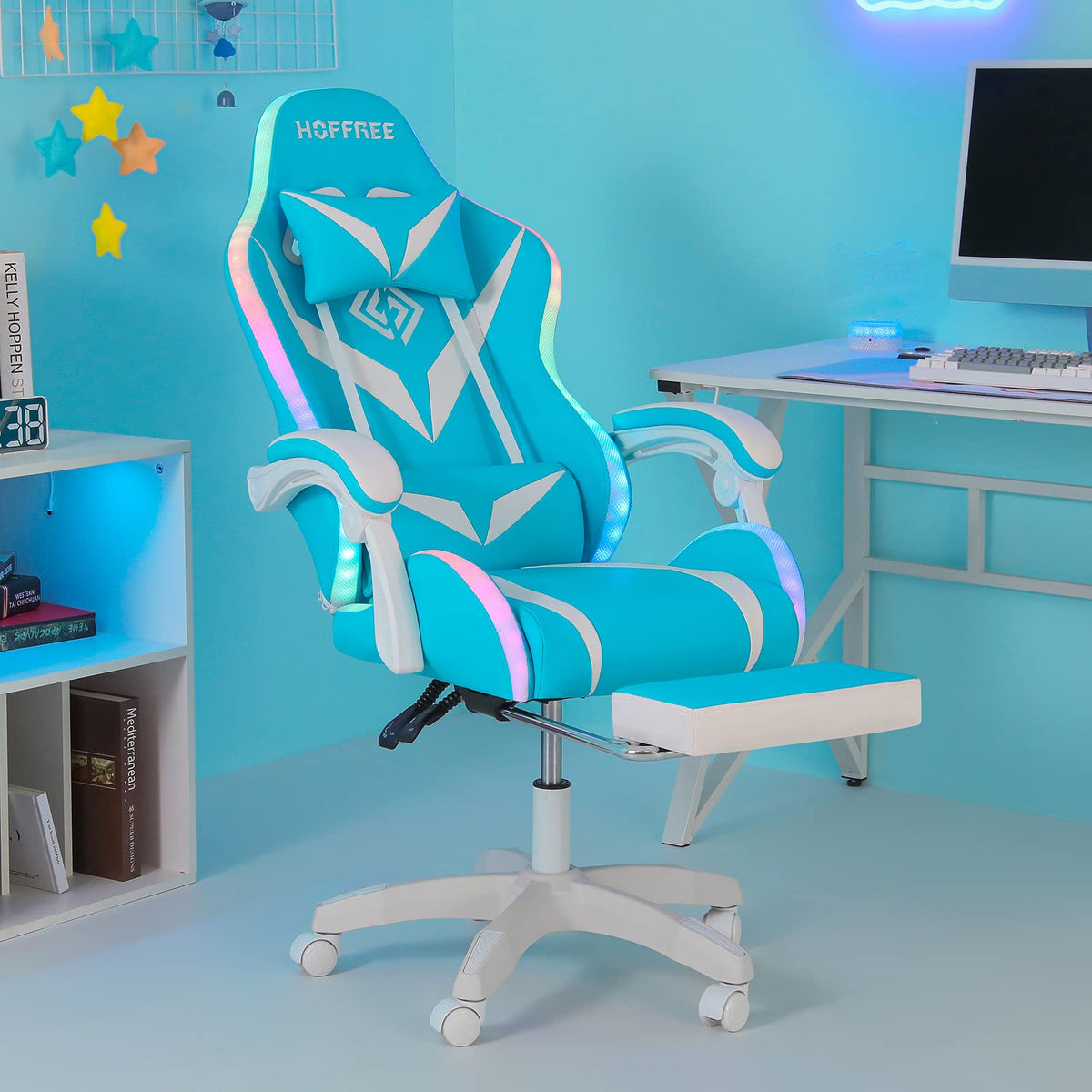 RGB Gaming Chair with LED Lights and Massage Ergonomic Computer Chair Cute with Footrest High Back Video Game Chair with Adjustable Lumbar Support Linkage Armrest Light Blue and White