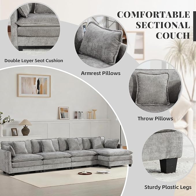 SoarFlash 149.61" Chenille Sectional Sofa, Comfy L Shaped Modular Coush Sofa with Ottoman, Modern 4 Seat Couch Deep Seat Sofa Set for Living Room,Grey