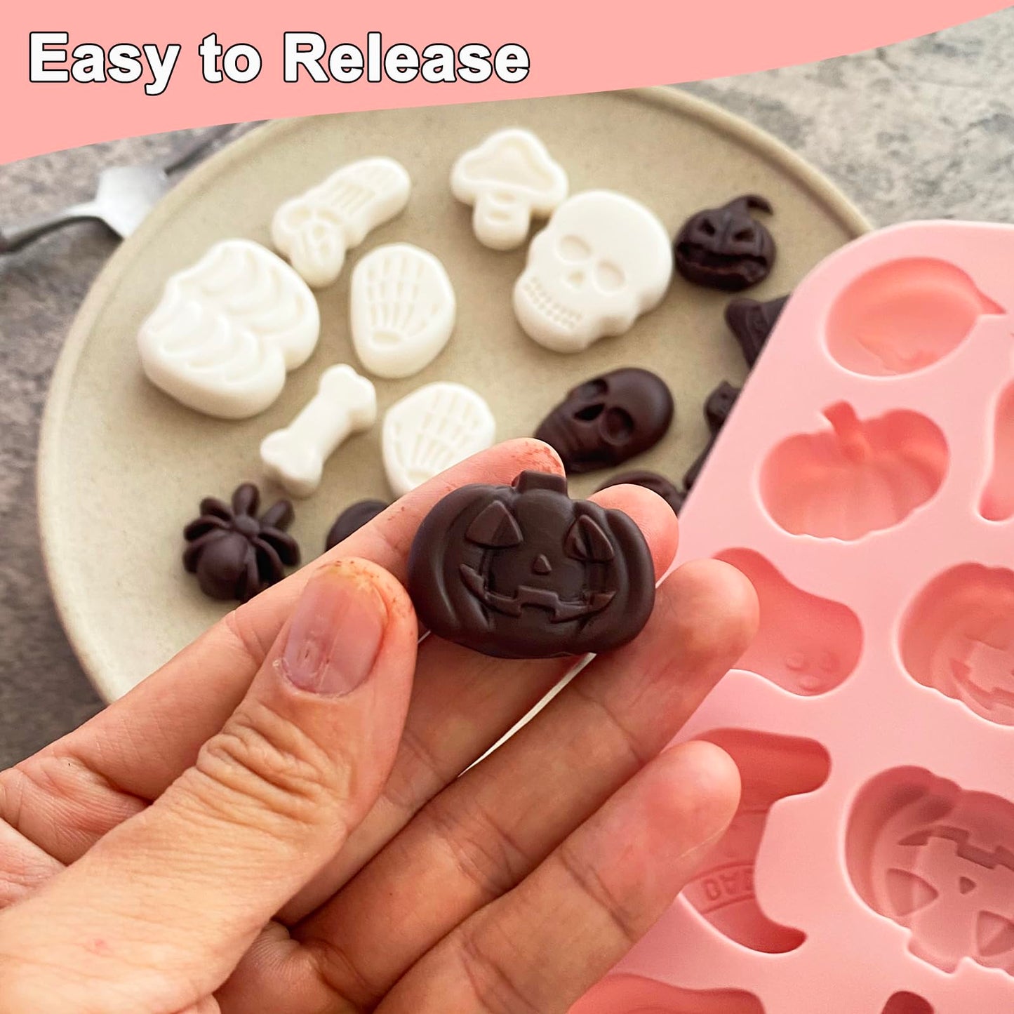 Halloween Silicone Molds - 3 Pack with Pumpkin, Skull, Skeleton, Ghost, Bat Designs for Baking, Chocolate, Candy, Cupcake Toppers