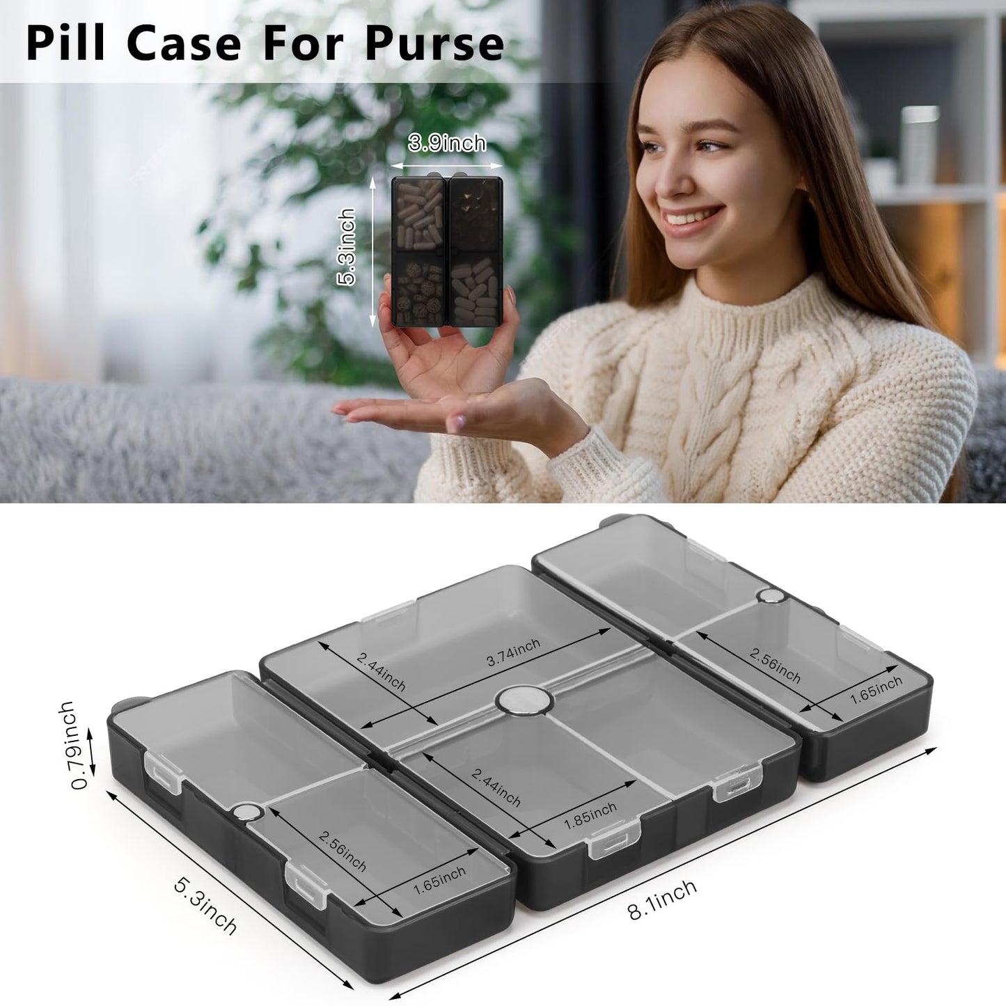 FYY Daily Pill Organizer,2 Pcs 7 Compartments Portable Pill Case Travel Pill Organizer,[Folding Design]Pill Box for Purse Pocket to Hold Vitamins,Cod Liver Oil,Supplements and Medication-Clear Black