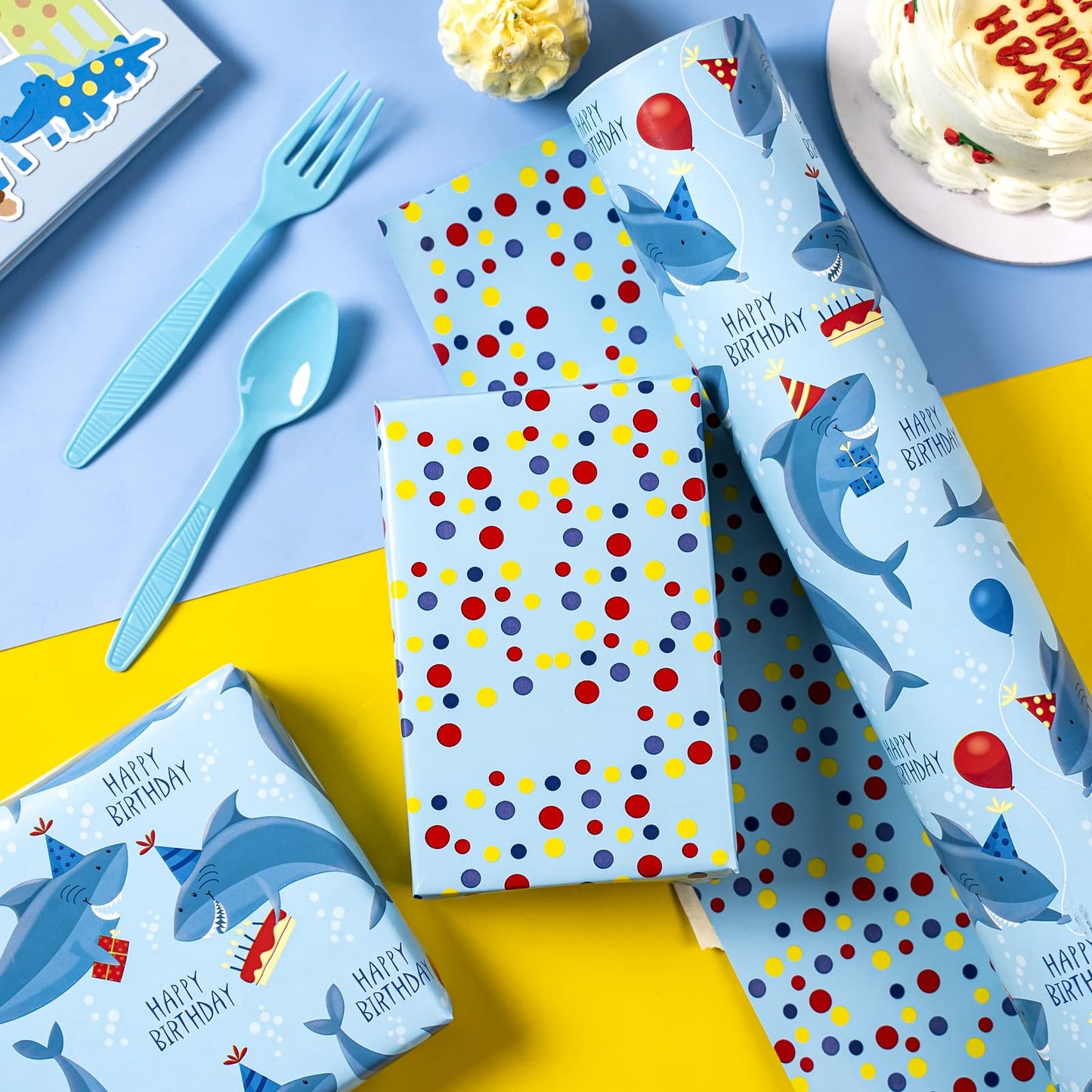 WRAPAHOLIC Jumbo Reversible Birthday Wrapping Paper - 24 in x 65.6 ft - Blue Sharks Ocean Wrapping Paper for Kids' Birthdays & Baby Showers