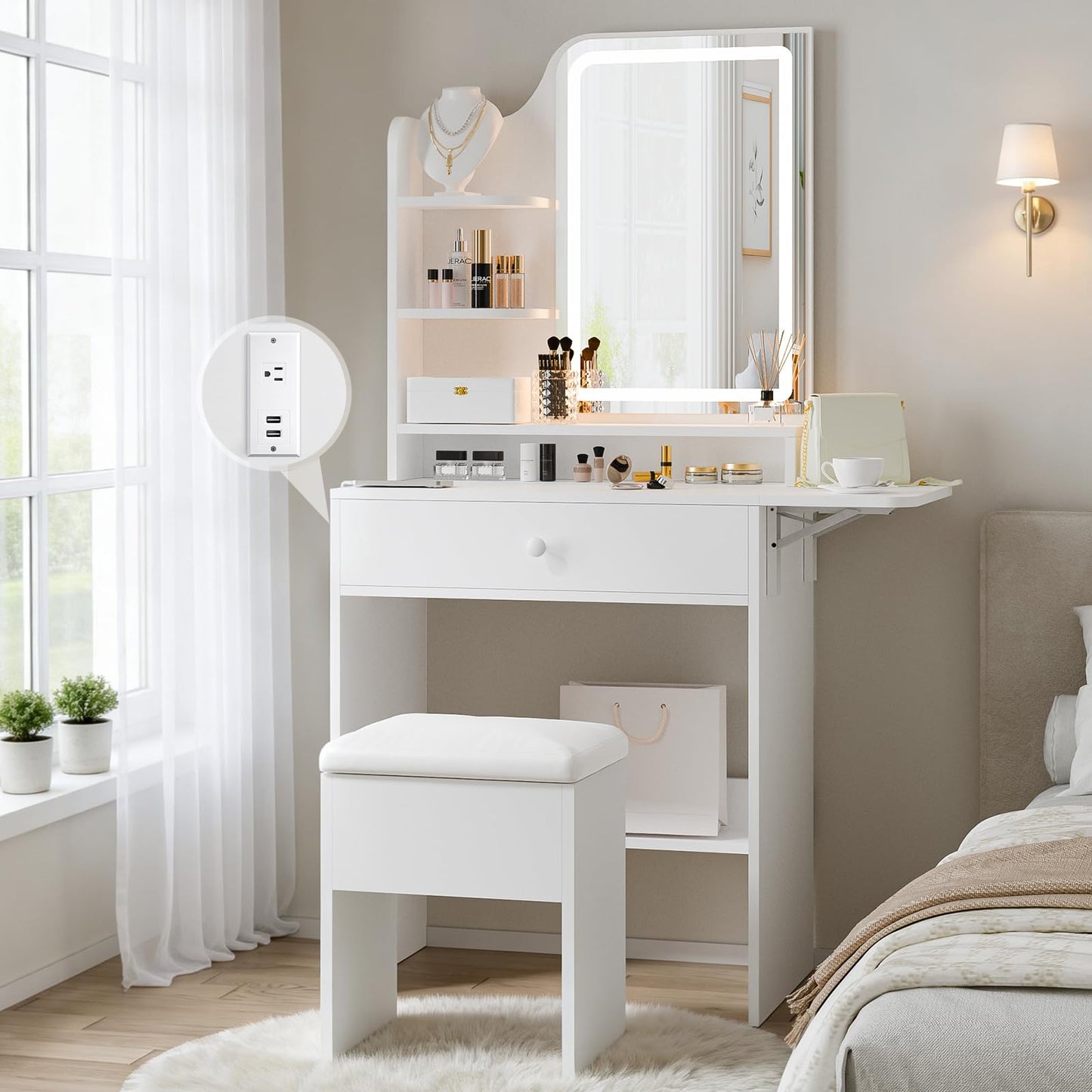 FUXA Small Vanity with Chair, Makeup Vanity Desk with LED Mirror and 3 Light Modes, Girls Vanity Set with Charging Station, Compact Vanity Table with Foldable Top for Small Spaces, White