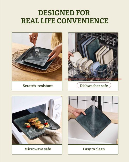 Famiware Dinnerware Sets for 4, Ocean Square 12-Piece Kitchen Plates and Bowls Sets, Reactive Glaze, Microwave and Dishwasher Safe, Scratch Resistant, Deep Forest