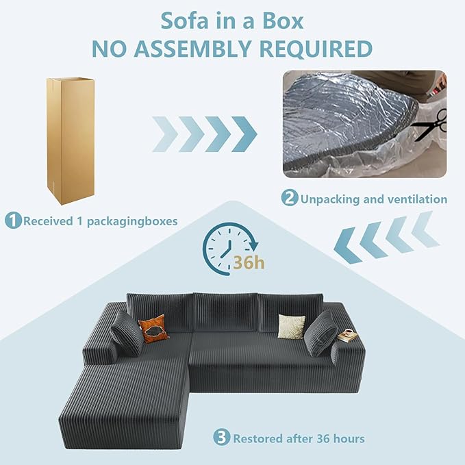 96" Cloud Sectional Couch with L-Shape Chaise, Modern Corduroy Boneless Couch for Living Room,Memory Foam Sofa with Deep Seat,No Assembly Required (Grey,Left-Facing Chaise)