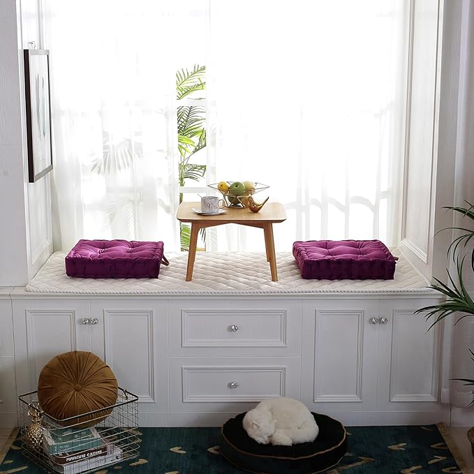 vctops Square Solid Color Velvet Seat Cushion with Handle Tufted Thicken Chair Pad Tatami Floor Pillow Cushion 16.5"x16.5"x4" Purple