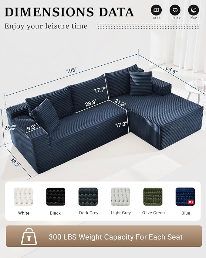 105 Inch Modular Sectional Sofa,Modern Cloud Sectional Couch with Deep Seat,Corduroy Boneless Couches with L-Shape Chaise for Living Room Bedroom,No Assembly Required (Blue, Right Facing Chaise)