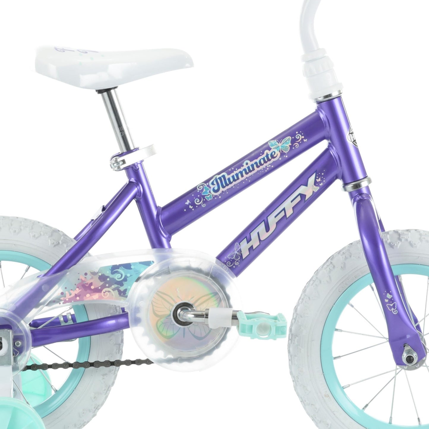 Huffy Illuminate 12” Girl’s Bike with Removable Training Wheels, Amethyst Purple Frame with Butterfly Graphics, Chain Guard, White Tires and Teal Rims