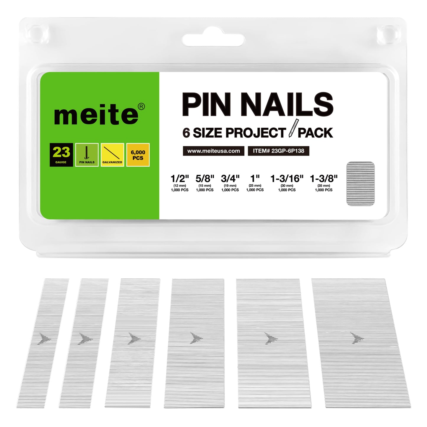 meite 23 Gauge Pin Nails, Assorted 6 Sizes (1/2", 5/8", 3/4", 1", 1-3/16", 1-3/8") Micro Headless Piner Nails - Galvanized 23GA Pins Nails for Nail Gun, Ideal for Trim Work (6,000 Counts)
