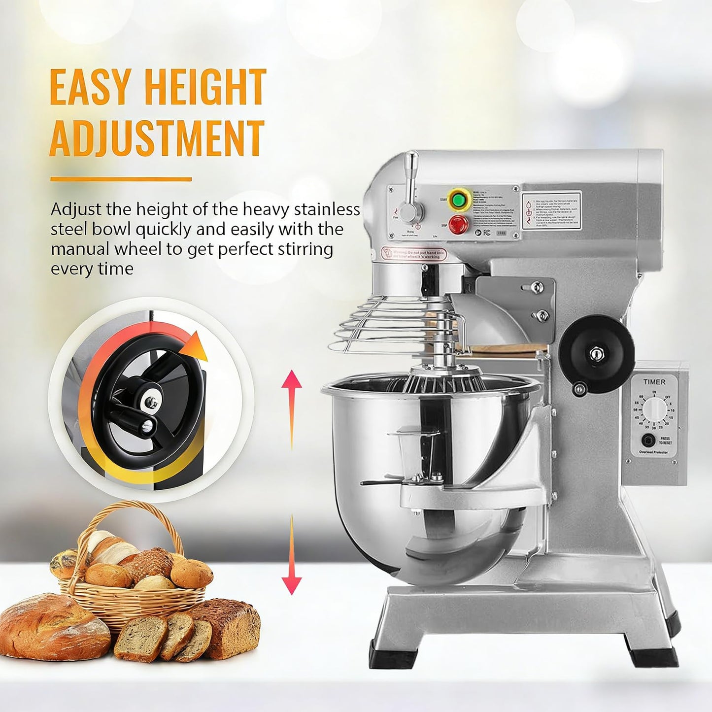 Commercial Stand Mixer with 60-Min Timer, 4 Sizes (10Qt/15Qt/20Qt/30Qt) & Variable Power, Heavy-Duty Stainless Steel Bowl, 3-Speed - For Bakery, Pizzeria, Restaurant to Food Production (20 QT)