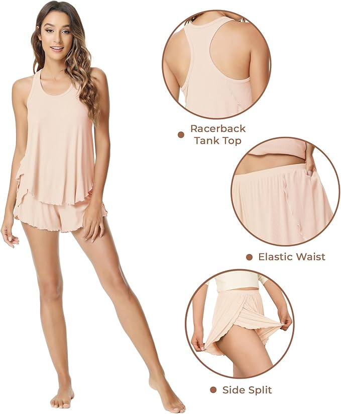 NACHILA Pajamas for Women-Viscose from Bamboo, Ribbed Racerback Tank Top Sexy Split Shorts Pajama Sets Cooling Sleep Cami Pjs