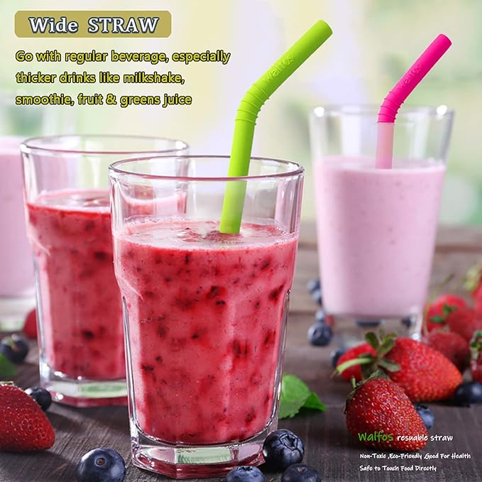 Walfos Reusable Silicone Straw - 2 Size Flexible Drinking Bendy Straws for Smoothies/20 & 30 oz Tumblers, BPA Free (4 Wide Straws + 4 Regular Straw + 2 Cleaning Brushes Excluding storage bag）