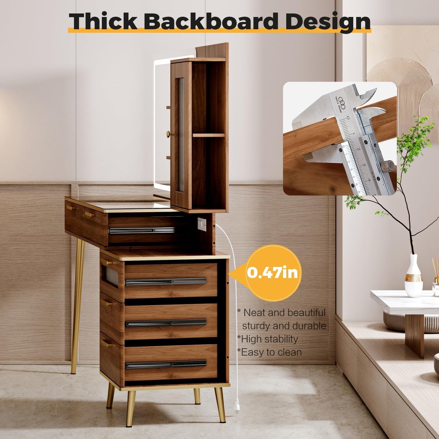 Arulvmrn Vanity Desk with 29.53" HD Lighted Mirror, 47.24" Big Modern Vanity Desk with Mirror and Lights, Makeup Vanity with 5 Drawers and Storage Shelves and Charging Station,Brown1