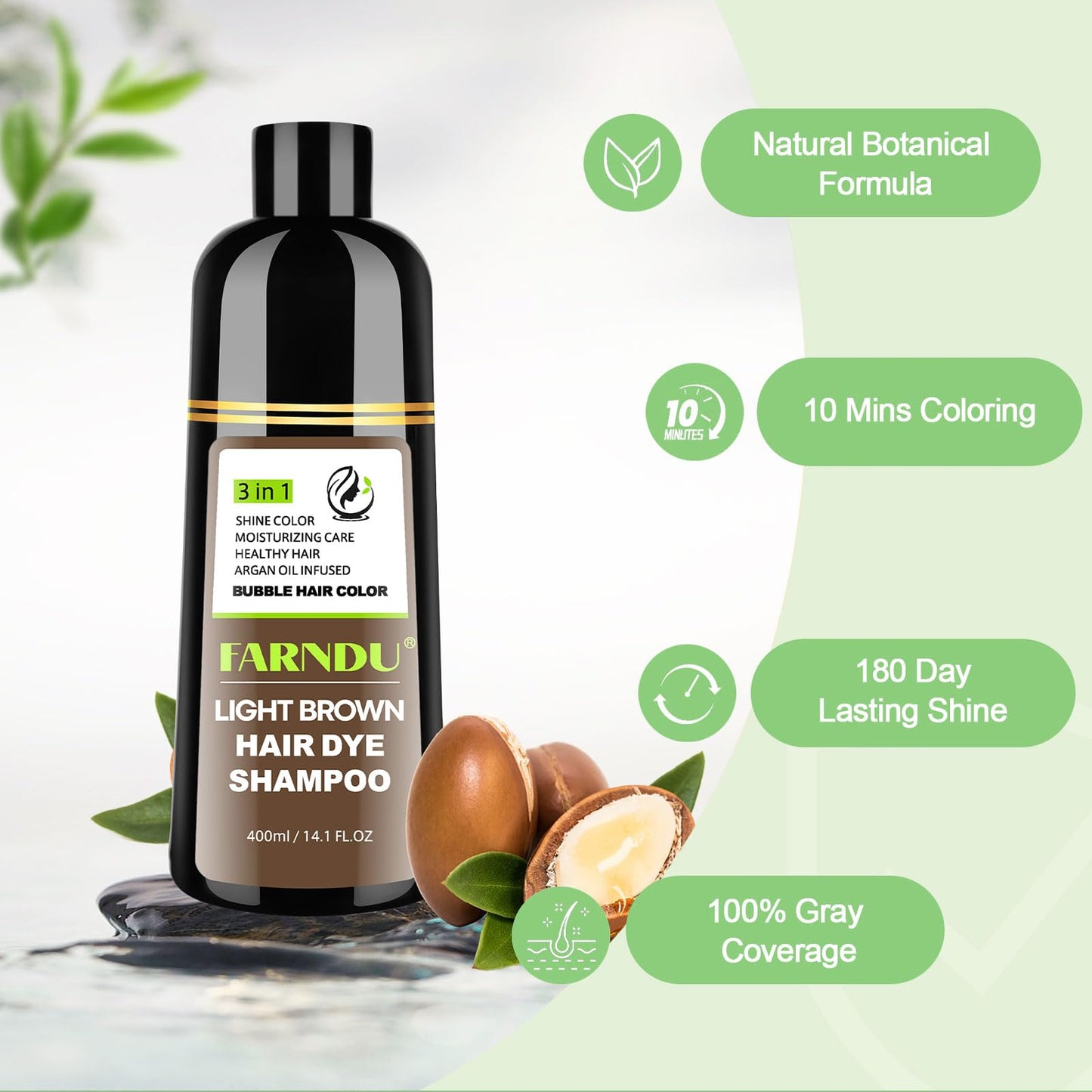 FARNDU Light Brown Hair Dye Shampoo 3 in 1 with Argan Oil - 10-15 Min Gray Coverage, Natural Instant Hair Color Shampoo for Wome