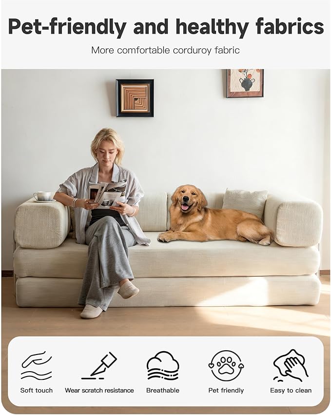 No Assembly Convertible Sofa Bed & 79" Boneless Couch with Pocket , 5-in-1 Futon Sofa Bed with 2 Pillows Modular Pull Out Couch Bed with Frame,Compression in Box for Living Room Small Spaces Beige