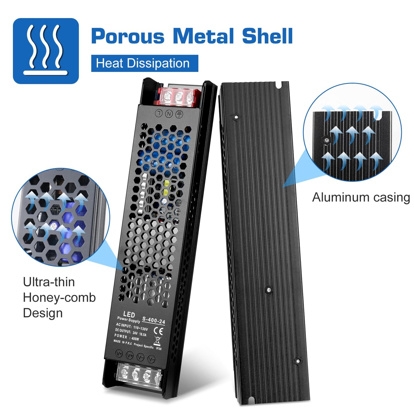 PZETCEIR LED Driver 24V 400W 16.7A Slim LED Power Supply, AC 110V to 24V DC Adapter, Constant Voltage LED Transformer for Strip Lights, Bulbs, Garden and Cabinet Lights