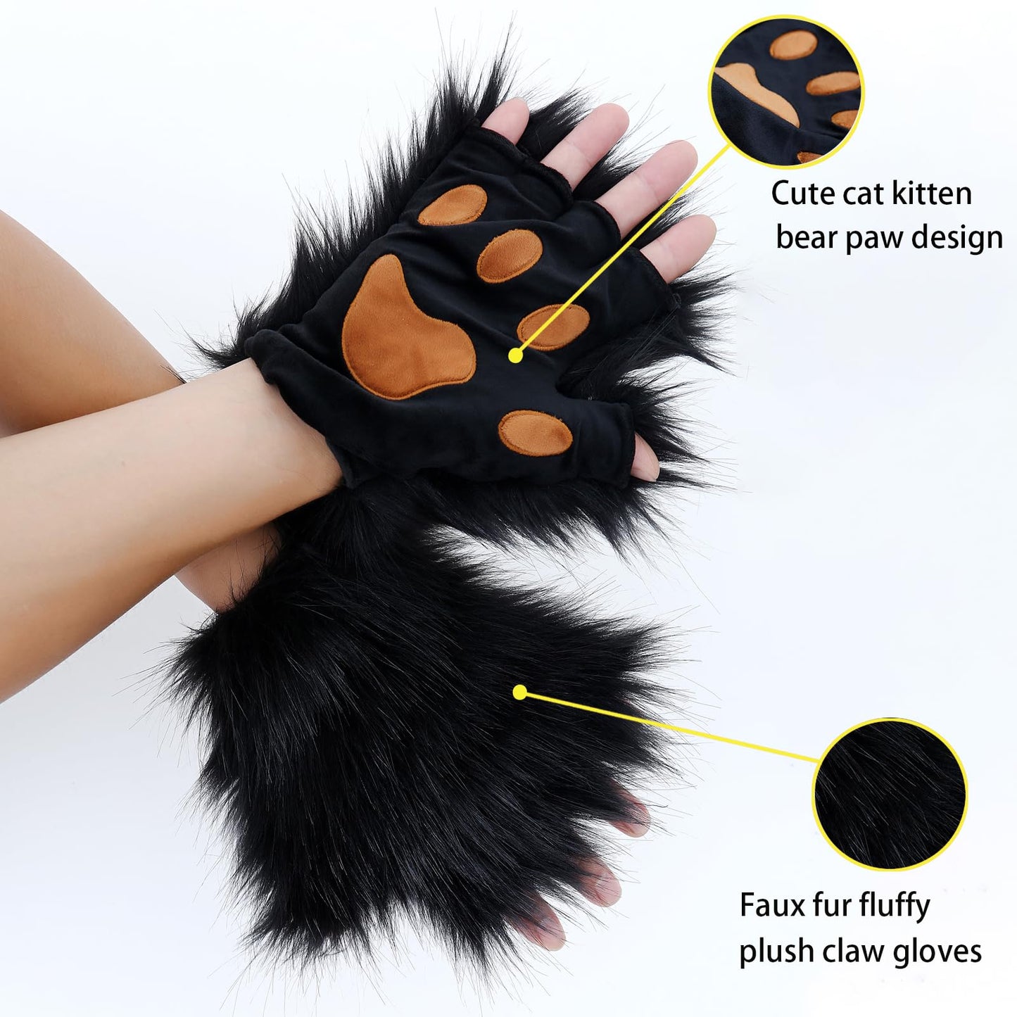 Adolala Faux Fur Fox Tail Cat Wolf Cosplay Costume Set Plush Mask Fluffy Paw Gloves Halloween Christmas Party for Girls Women