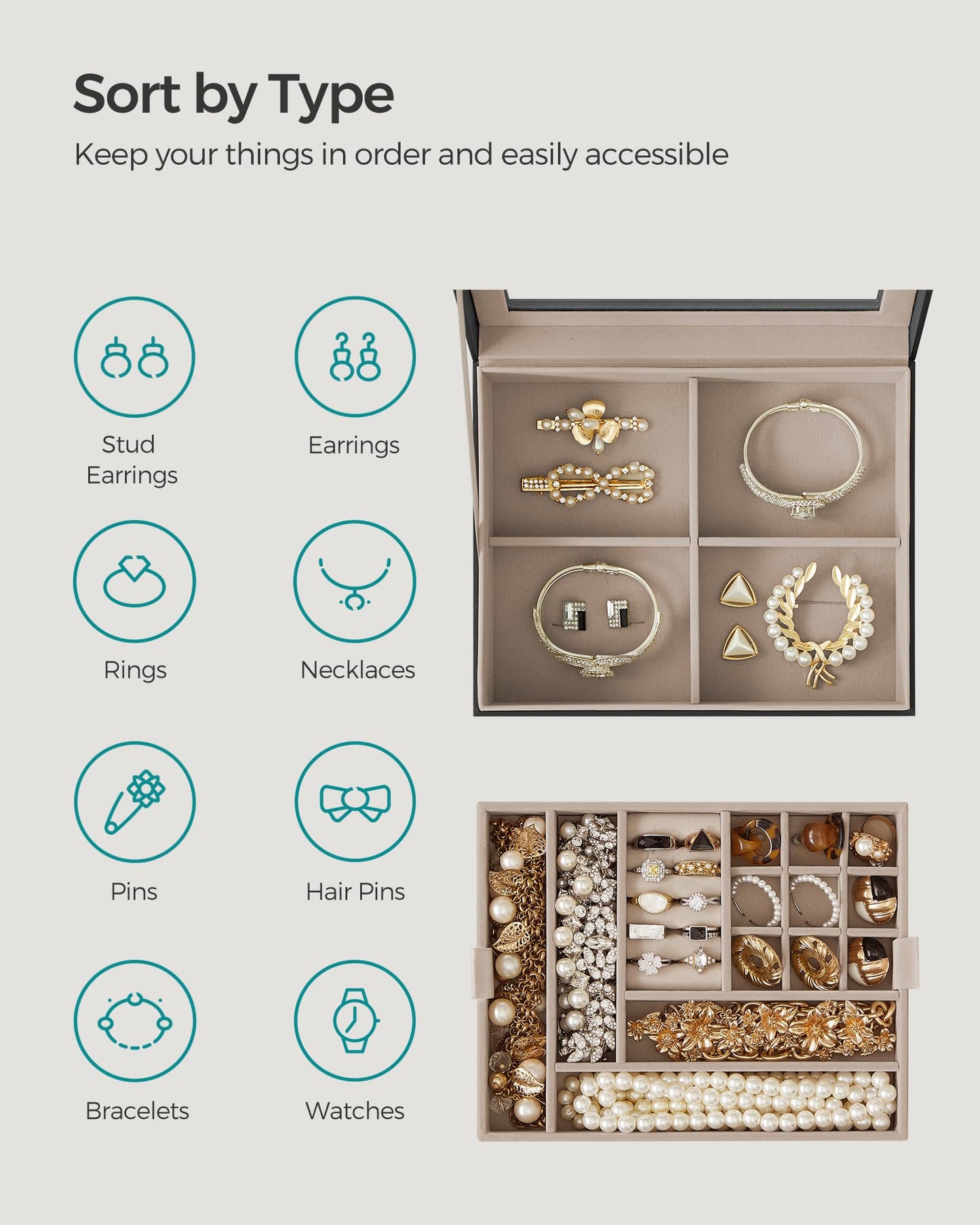 SONGMICS Jewelry Box with Glass Lid, 2-Layer Jewelry Organizer with Removable Tray, Jewelry Storage, Modern Style, Gift for Love