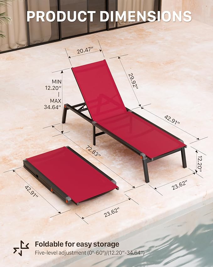 Aluminum Chaise Foldable Patio Lounge Chair Outdoor, Metal Deck Lounger Adjustable 5-Position Recliner Pool Chase Breathable Full Flat Outside Sun Tanning Chairs for Beach/Poolside/Lawn(Red, 1 Pack)