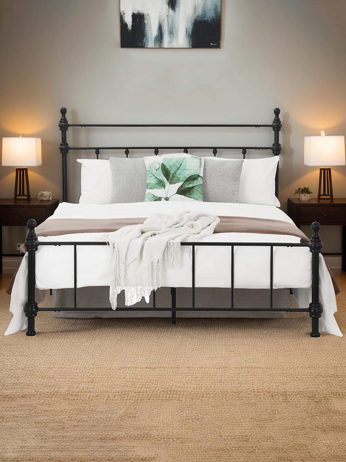 Queen Size Bed Frame, Metal Platform Bed with Straight Headboard, Retro Luxury Roman Column, Easy Set up, No Box Spring Needed, Storage Space Under-Bed（Queen）