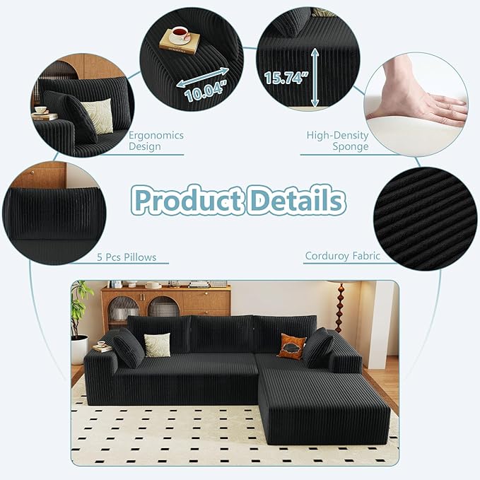 96" Cloud Sectional Couch with L-Shape Chaise, Modern Corduroy Boneless Couch for Living Room,Memory Foam Sofa with Deep Seat,No Assembly Required (Black,Right-Facing Chaise)