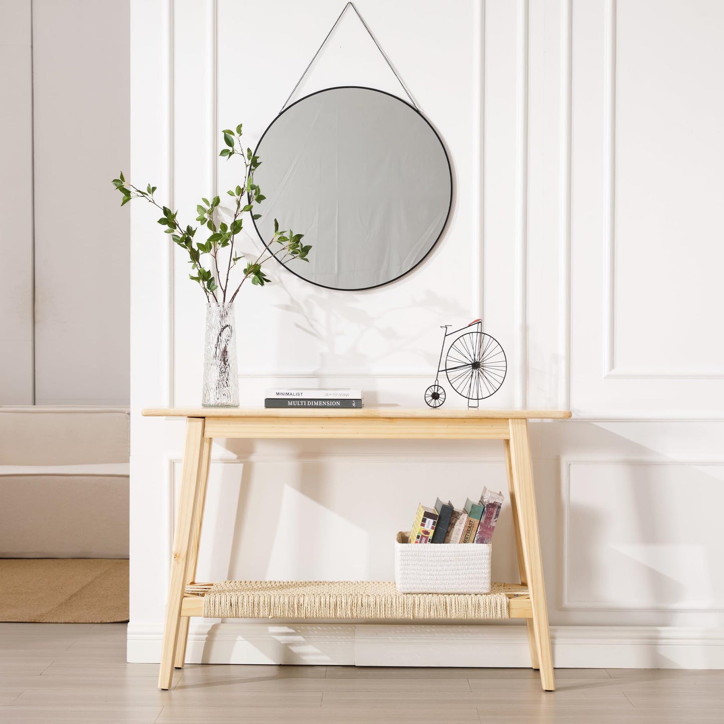 LZAREAL Farmhouse Rattan Entryway Table with Storage Boho Narrow Console Table Wood Long Sofa Table Behind Couch Table for Entryway Hallway Foyer Living Room, Natural Color