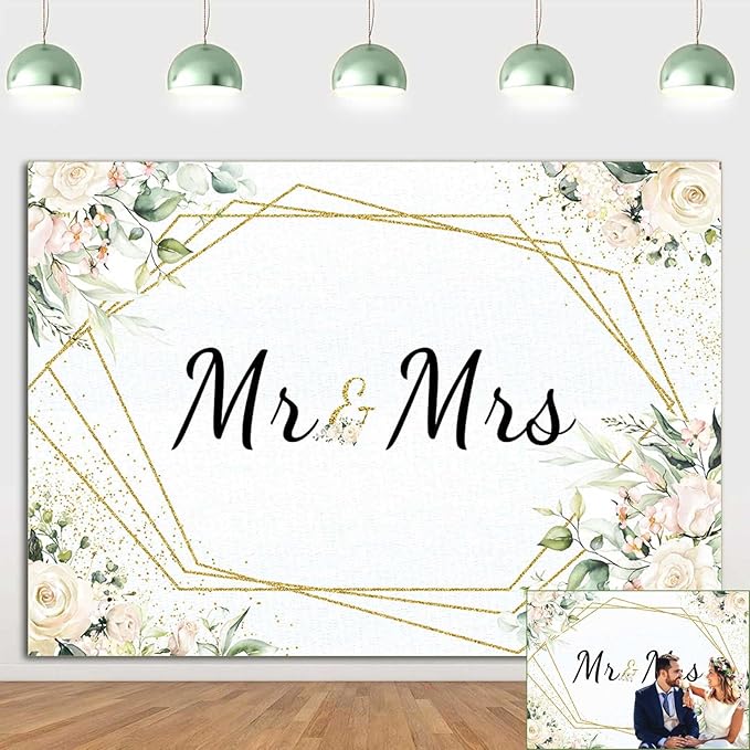 Mr & Mrs White Floral Bridal Shower Backdrop Mr Mrs Wedding Theme Photo Backgrounds 7x5ft Wedding Bride to Be Engagement P...