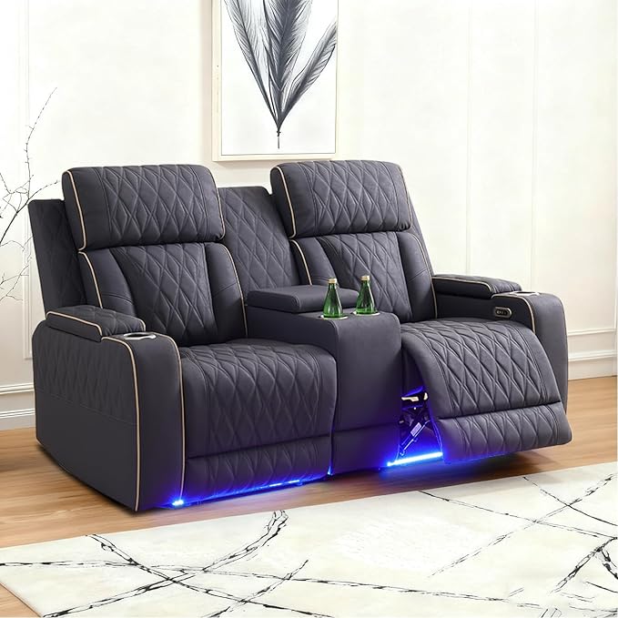 Caberryne Power Recliner Sofa with LED Lights,Suede Leather Reclining Loveseat with Double Recliner/USB Port/Storage Console/Cup Holder for House/Home Theater(2 Seater Loveseat,Navy)