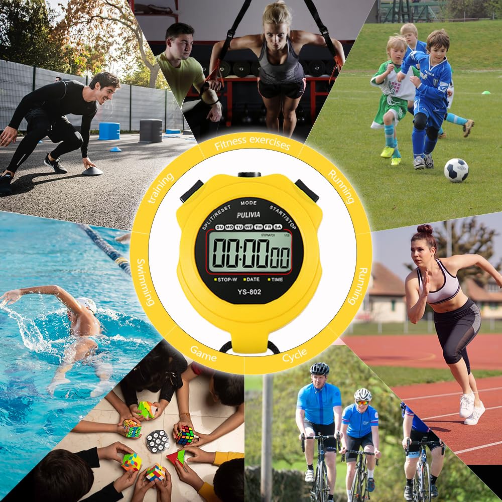 PULIVIA Sports Stopwatch Timer, Single Lap Split Digital Stop Watch for Sports Kids Coaches Swimming Running, Yellow
