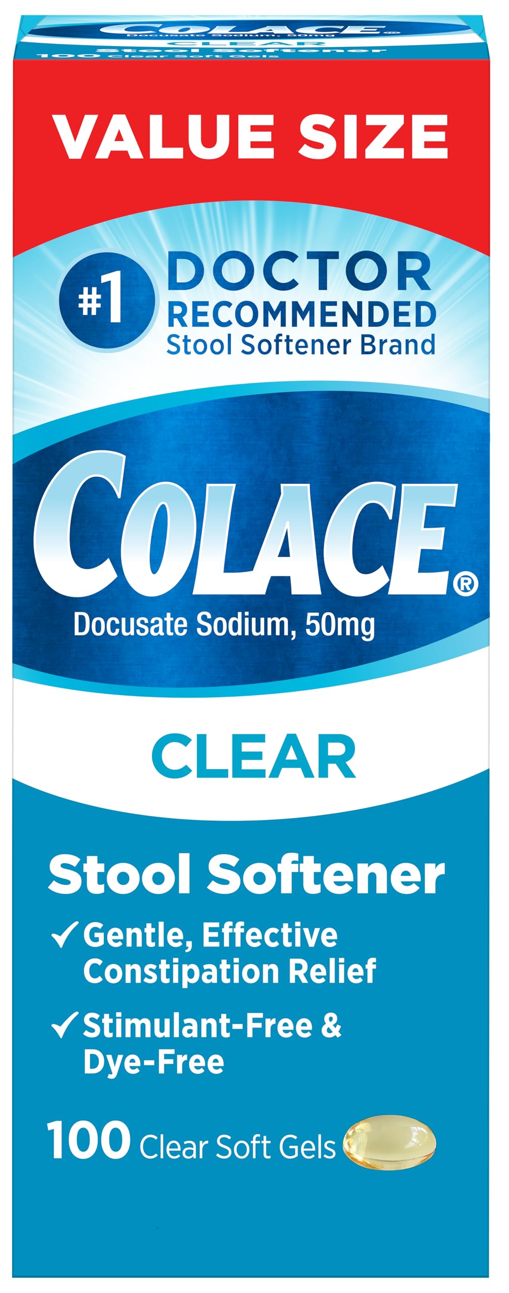 Colace Clear Stool Softener for Gentle Effective Constipation Relief, #1 Doctor Recommended Stool Softener Brand, Dye Free, 50 mg Docusate Capsules, 100 Count
