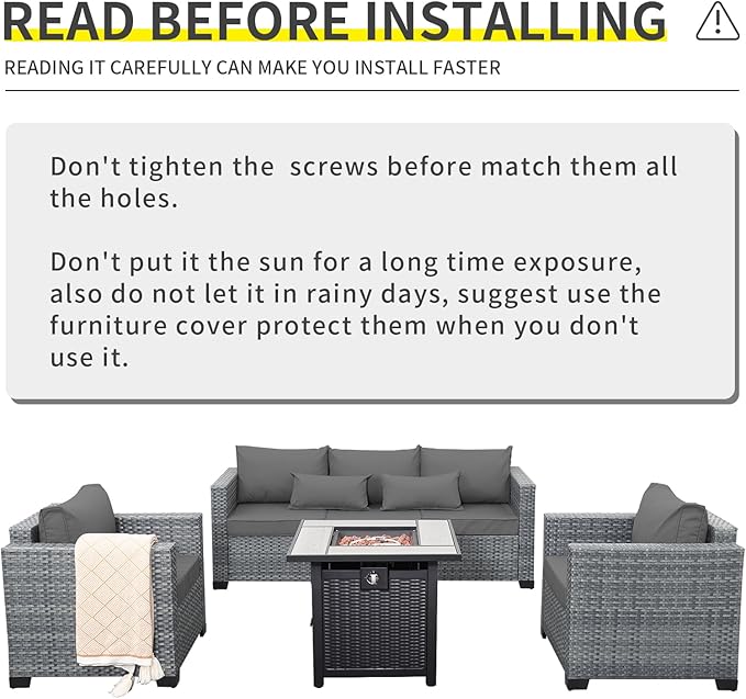 4 Piece Wicker Patio Furniture Sets Outdoor Conversation Set PE Rattan Sectional Sofa Couch with Fire Pit Table and Grey Cushions