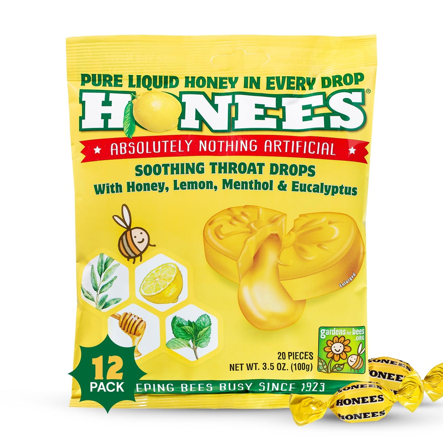 Honees Filled Honey Lemon Cough Drops- Filled with Honey, Menthol, Lemon and Eucalyptus - Nothing Artificial -Natural Sore Throat Lozenges- Non-GMO (12 Pack – 240 Drops)