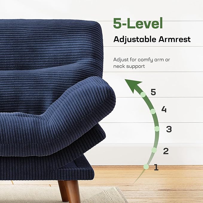 Marsail Futon Sofa Bed, 66” Futon Couch with Adjustable Backrest & Armrests, Convertible Small Sleeper Sofa Bed for Small Apartments, Study Room, Office, Corduroy Loveseat, Blue