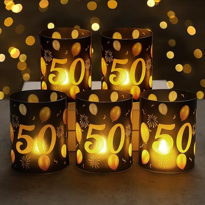 Kittmip 10 Sets 50th Happy Birthday Centerpieces for Table Black and Gold Birthday Decorations Lantern Boxes with Tea Ligh...