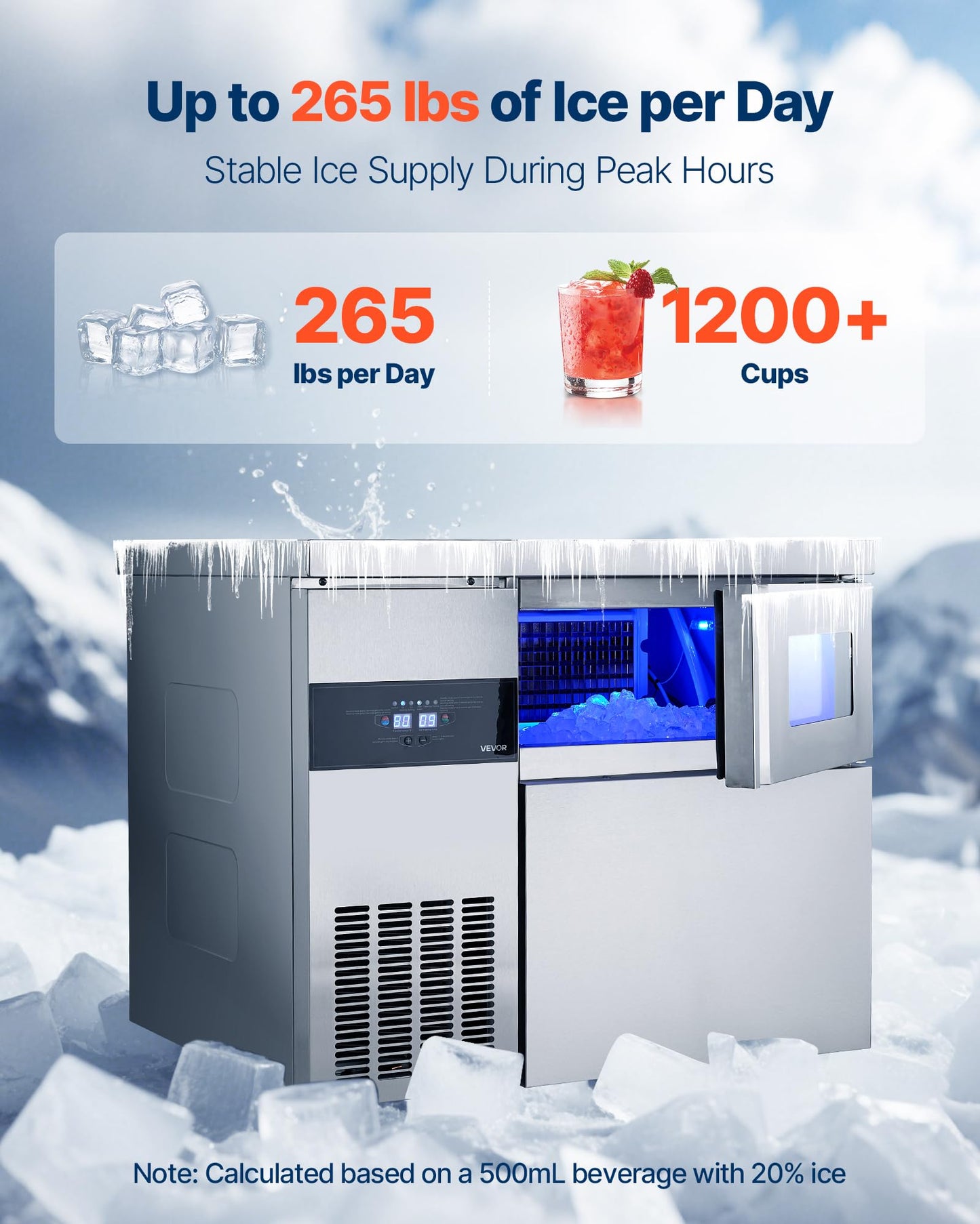 Vevor Commercial Ice Maker Machine, 265 Lbs/24H Stainless Steel Ice Machine With Worktop, 66 Lbs Storage & 126 Cubes/Cycle, Self