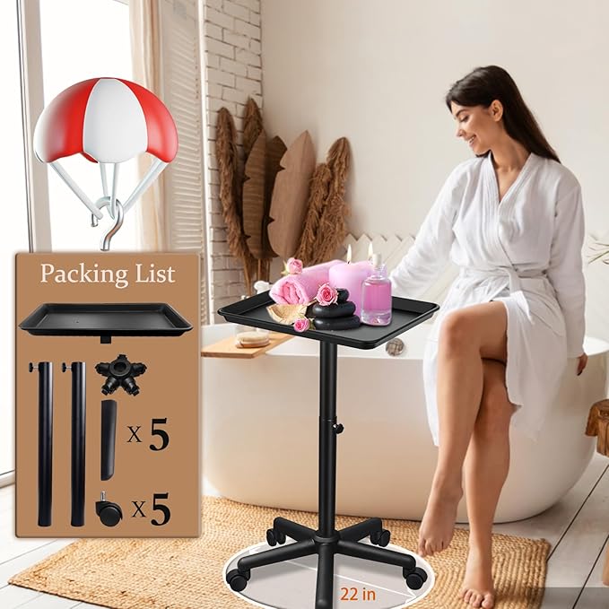 Black Salon Tray Height Adjustable Hair Color Tray with Wheels for Spa or Home Use