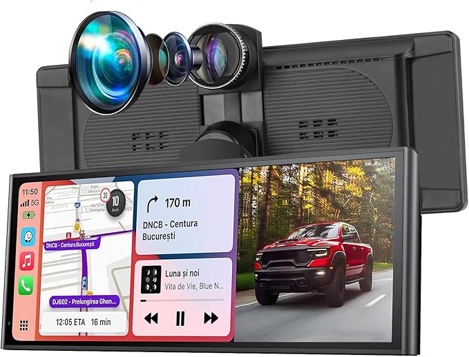Portable Carplay Screen For Car, 10.26" Wireless Apple Carplay & Android Auto Touch Screen with 4K Dash Cam,1080P Backup C...