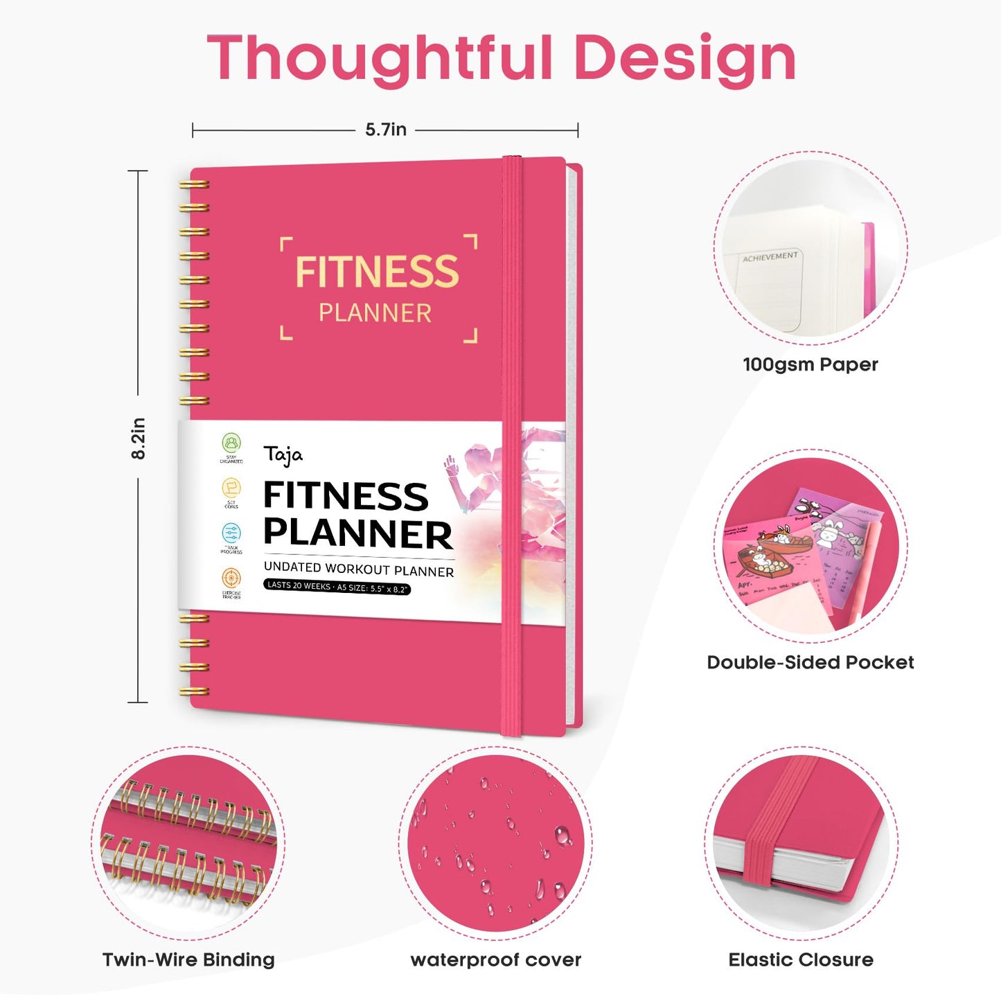 Fitness Workout Journal for Women & Men, A5(5.5" x 8.4") Workout Log Book Planner for Tracking, Progress, and Achieving Your Wellness Goals-Berry Pink