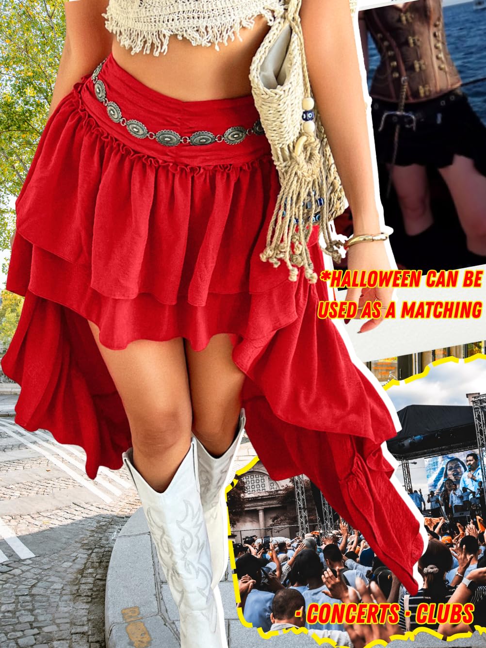 EHSUYAB Womens Renaissance High Low Skirt, Boho Flowy Asymmetrical Ruffle Pirate Skirts, Steampunk Festival Concert Outfits Red Small