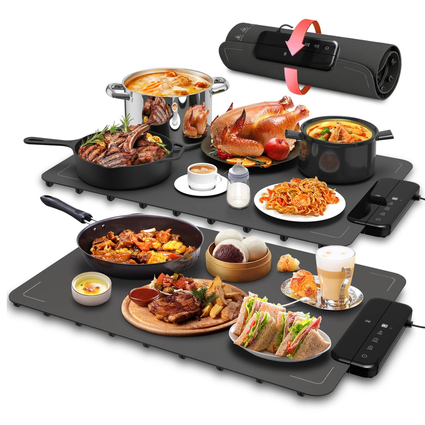 Electric Warming Mat for Food, ZAPLIT 24''x16 Washable Silicone Warming Tray with 6 Temp Settings, 6 Timers, Child Lock, and Auto Standby — Food Warmer for Buffet, Gathering, and Party (Grey/ 2 Pack)