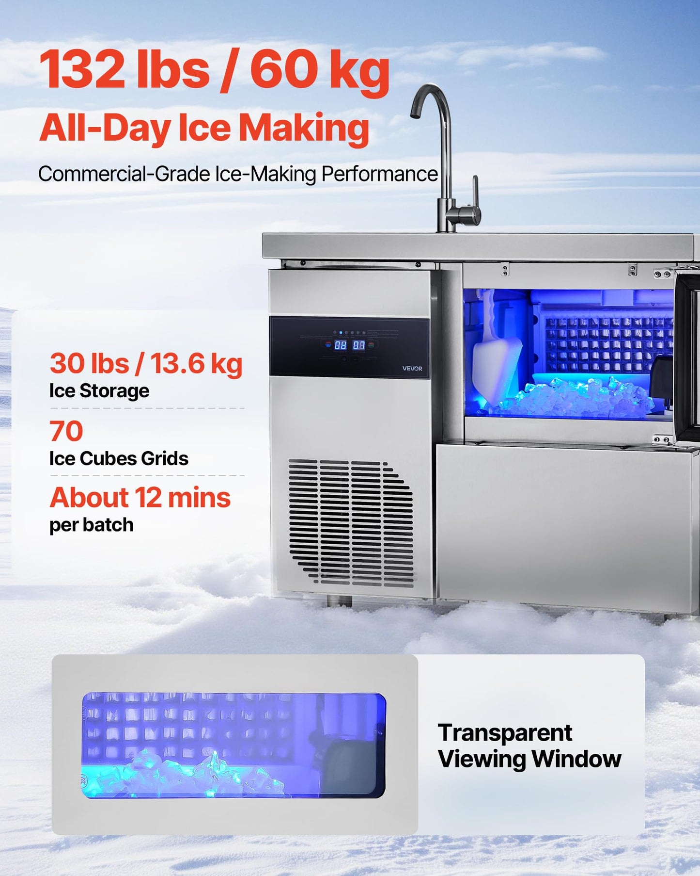 Vevor Commercial Ice Maker Machine, 132 Lbs/24H Stainless Steel Worktop Ice Machine With Sink, 30 Lbs Storage & 70 Cubes/Cycle,