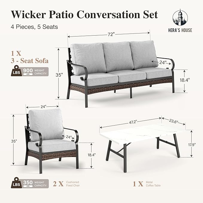 HERA'S HOUSE 4 Piece Metal Patio Furniture Set, All Weather Outdoor Conversation Set with 3 Seat Sofa, 2 x Cushioned Fixed Chair & Coffee Table, Seats 5 for Backyard, Garden, Deck, Light Grey