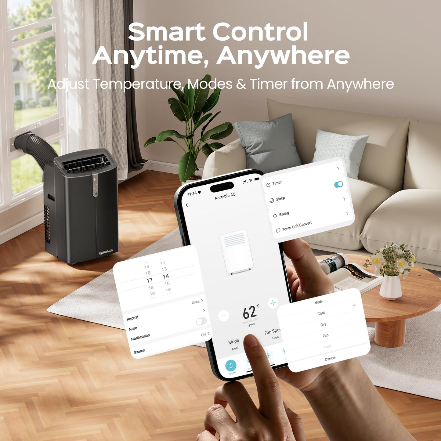 TECXERLLON 16000 BTU Portable Air Conditioners with App Control, Cools Up to 850 Sq.Ft, 4-in-1 Smart Portable AC Unit with Cooling, Dehumidifier, Fan & Sleep Mode, Self-Evaporating for Home & Office
