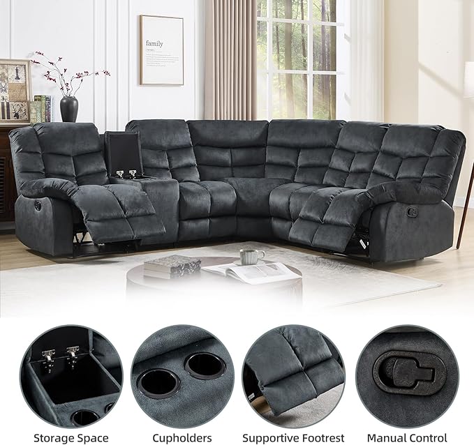 EBELLO Manual Reclining Sectional Sofa Set for Living Room, Soft Fabric Recliner Corner Sectional Couch with Center Console, Cup Holder and Storage, Grey