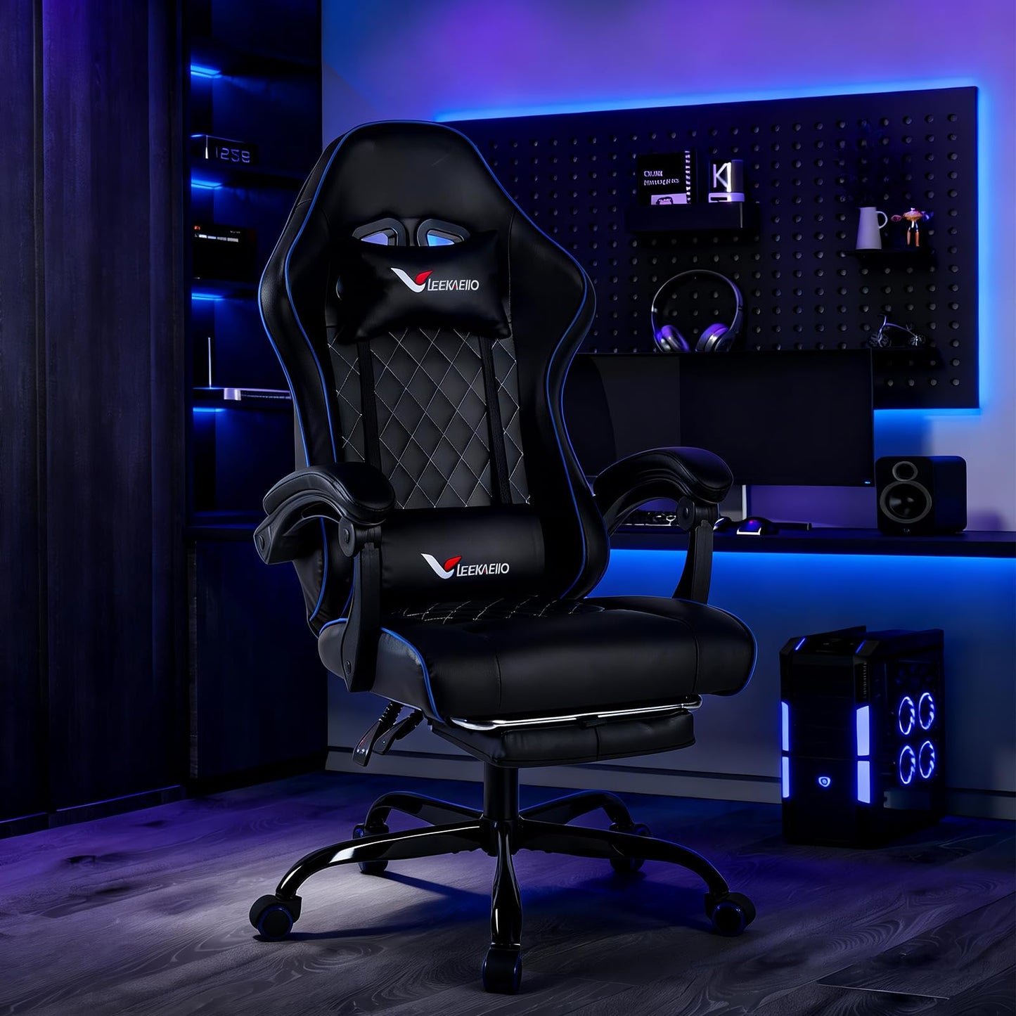 Leekaeiio Gaming Chair for Adults, Computer Chair with Footrest and Pocket Spring Cushion,Comfortable Ergonomic Video Game Chair with Lumbar Support and Headrest for Office Home (Blue)