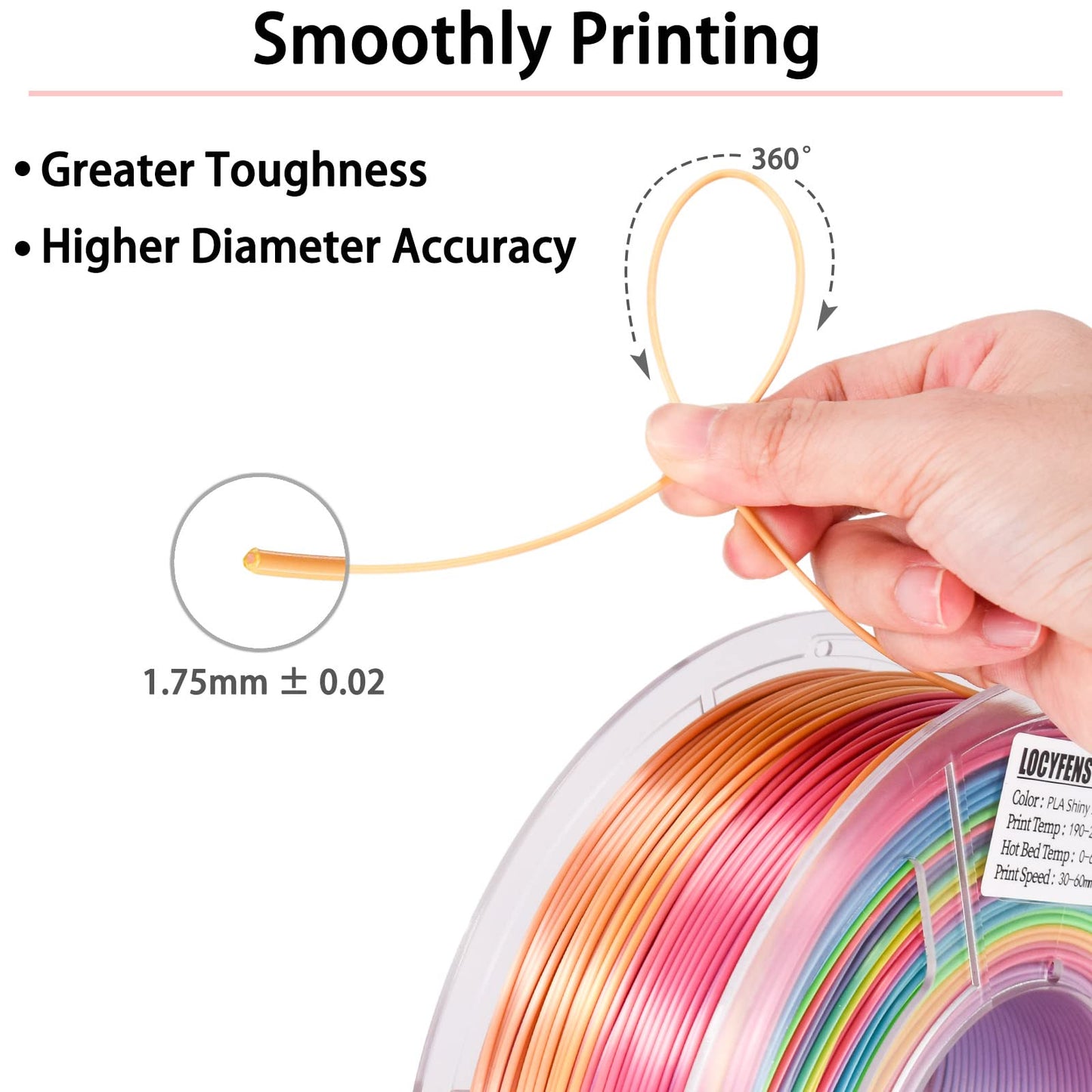 LOCYFENS Silk PLA Filament Multicolor, 3D Printer Filament Rainbow PLA Filament 1.75mm +/- 0.02mm, 3D Printing Filament 1kg/2.2lbs