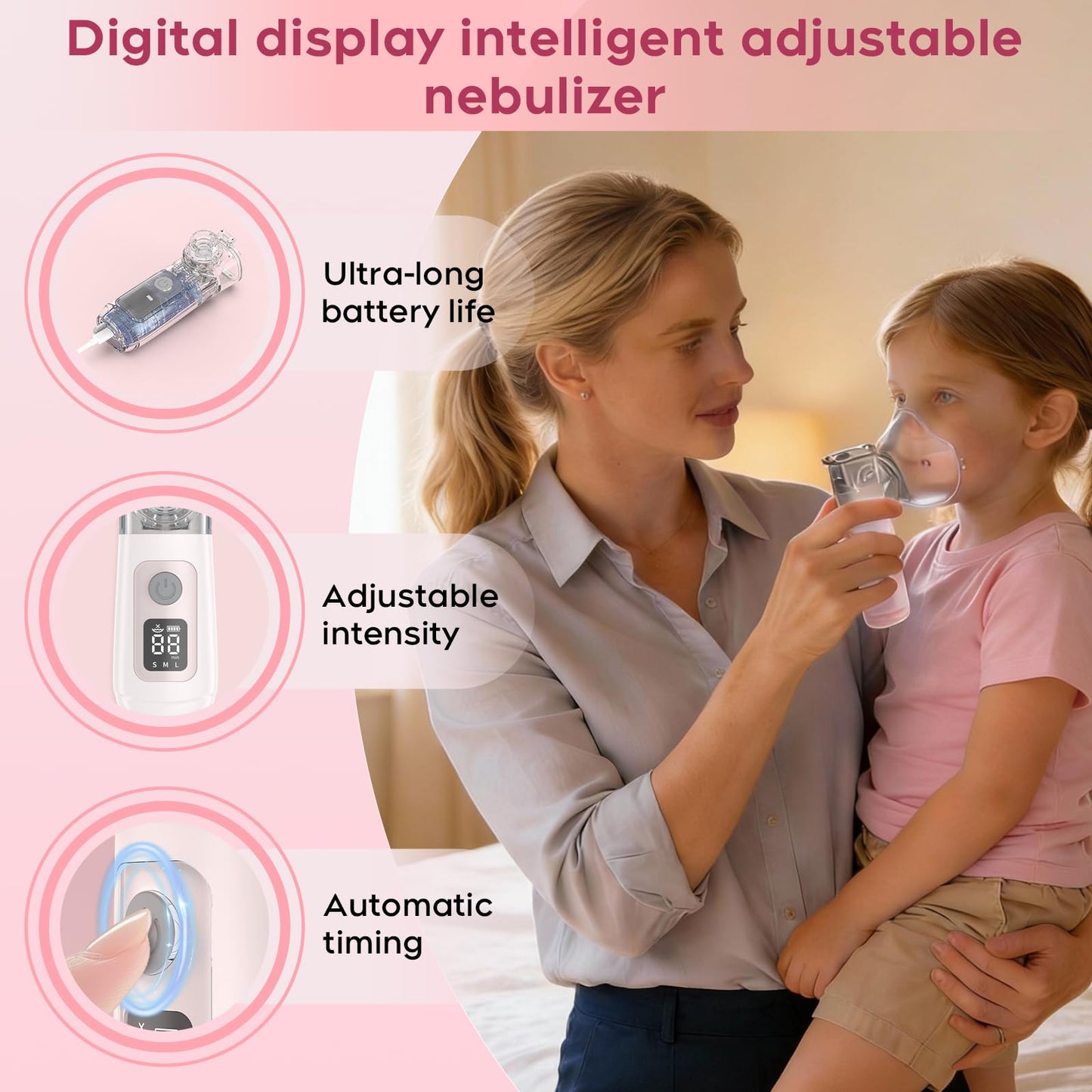 Smart Digital Display Portable Nebulizer for Adults and Kids, Portable Nebulizer with Tube, Mouthpiece and Mask - Rechargeable Nebulizer for Travel and Home Use, Take-Along Nebulizer for Kids -04