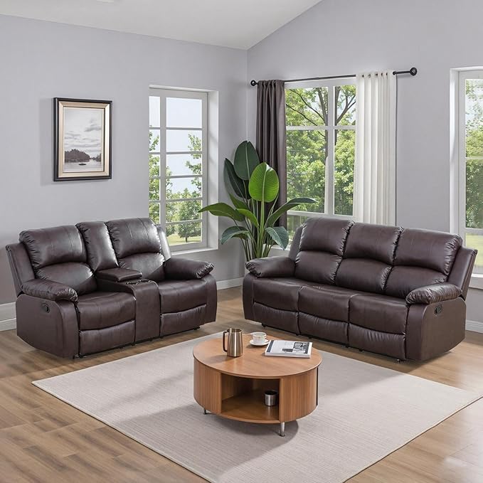 JBXBER Manual Recliner Sofa Set for Living Room, Leather Reclining Sofa Sets, Faux Leather Couch Set with Cup Holders, Drop-Down Table and Storage Console(Sofa and Loveseat,Brown)
